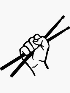 a black and white drawing of a hand holding two chopsticks