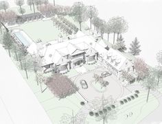 an artist's rendering of a large house in the middle of a wooded area