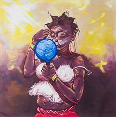 a painting of a woman holding a blue frisbee