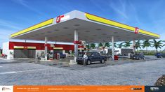 an artist's rendering of a gas station with cars parked at the service area