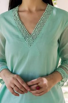 Shop for Missprint Green Cotton Chanderi Sheer Panel Kurta Set for Women Online at Aza Fashions Kurta Neck Design Latest For Women, Kurta Neck Designs Latest, Trending Neck Designs, Galay K Design, New Latest Neck Design For Suit, V Neck Kurti Design, Neck Designs For Women, Blouse Designs Boat Neck