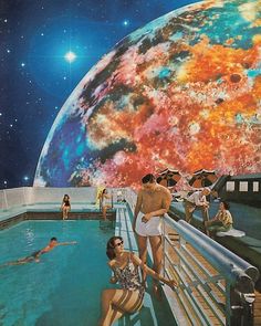 people in bathing suits are sitting on the edge of a swimming pool with an earth - like planet in the background