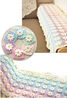 crocheted blanket with flowers on it and another photo showing the same pattern, but different colors