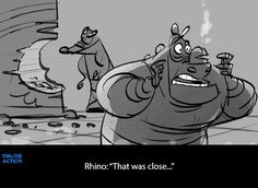 an animated cartoon character with a caption that says rhinoo - that was close