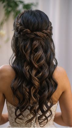 Half Up Half Down Long Hairstyles Wedding, Hair For Matric Farewell, Bridal Hair Curled Half Up Half Down, Reception Bridesmaid Hairstyle, Hairstyles For Weddings Long Hair, Medium Length Hair Styles Half Up Half Down, Wedding Hairstyles Dark Hair Half Up, Wedding Hairstyles Half Up Half Down Black Hair, Bridal Hair With Braid Half Up