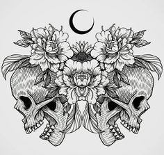 two skulls with flowers on their heads and the moon in the sky above them,