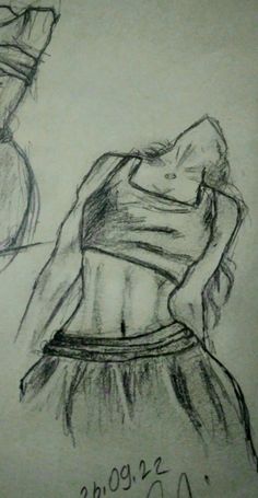 a drawing of a woman in a dress with her hands on her hips, and the back of her head