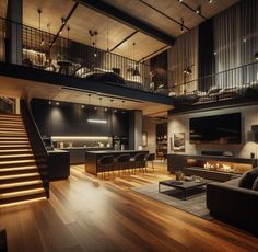 a living room filled with furniture and a fire place next to a stair case in front of a flat screen tv