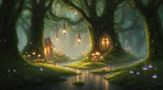 an image of a fantasy forest scene with lanterns and fairy houses in the middle of it