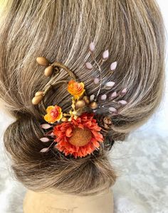 EACH PIN SOLD INDIVIDUALLY A pretty orange posey flower for a pretty autumn day!  This fall hair pin would be a sweet hair piece for a simple wedding ceremony. Your bridesmaids or flower girls could wear them!  The orange flower is surrounded by delicate beige-brown foliage, wild flowers and mini pine cones, accented with a sprig of gold pip berry vine. The floral portion of this hair pin measures about 3" to 3 1/2". To view full crowns and wreaths: https://www.etsy.com/shop/ThePepperedRose?ref=listing-shop-header-item-count§ion_id=20743043 To view clips and combs: https://www.etsy.com/shop/ThePepperedRose?ref=listing-shop-header-item-count§ion_id=20778643 Thank-you so much for stopping by! ~Patti Fall Hair Ornament, Posey Flower, Autumn Hair Accessories, Autumn Hair, Gold And Orange, Pretty Orange, Hair Flower, Wedding Hair Pins, Flower Hair Pin