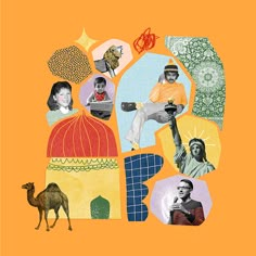 a collage of different people and animals in the shape of a circle with an orange background