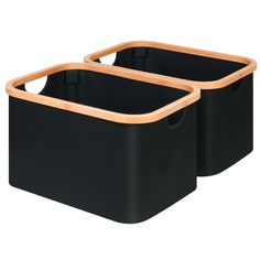 two black storage bins with wooden handles