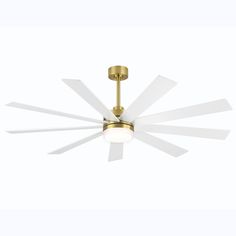 a ceiling fan that has white blades on the blade and light fixture in front of it