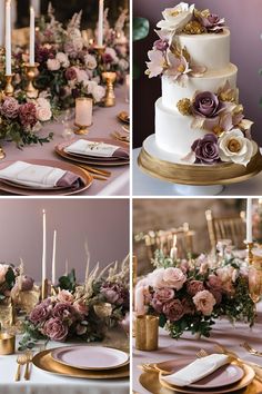 four different shots of a wedding cake with flowers on it and candles in the background