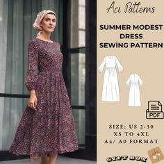 Modest Summer Maxi Dress Bishop Long Sleeve Pattern,Medieval Dress,Abaya Dress,Ankle dress pattern,  Available as an instant download (pdf) sewing pattern bundle with a range of size options, including plus sizes ⭐US Sizes: 2, 4, 6, 8, 10, 12, 14, 16, 18, 20, 22, 24, 26, 28, 30 ⭐Standard Sizes: XS, S, M, L, XL, 2XL, 3XL, 4XL ⭐These patterns are suitable for A4, A0, and US Letter size papers. ⭐Once your payment is processed, you will automatically receive download links for the pattern files. Please note that you can only download the files from a computer; they will not work on a phone or iPad. ⭐This is a digital product. You will receive zip files containing the patterns and sewing instructions. ⭐Due to the nature of digital downloads, no refund, return, or exchange of the files is possib Modest Dress Patterns Free, Winter Dress Pattern, Cottage Clothing, Modest Dress Patterns, Summer Modest Dresses, Long Dress Sewing Patterns, Long Sleeve Dress Pattern, Modest Long Dresses, Prarie Dress