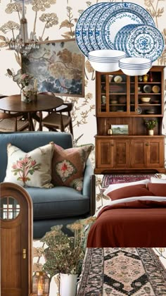 a living room filled with furniture and plates on top of the wall next to a bed