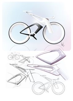 an artistic drawing of a bicycle and its design is shown in three different views, including the front wheel