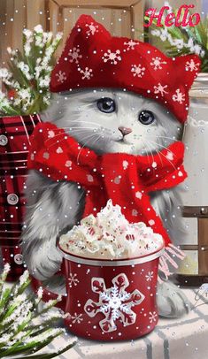 a painting of a cat wearing a red hat and scarf sitting in front of a cup