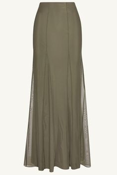 Indulge in elegance with our Milia Mesh Maxi Skirt in Smokey Olive. This skirt features intricate princess seam detailing and godets, making it a luxurious statement piece. The mesh material adds a touch of allure, making it perfect for any upscale event. Model is 5'7" and is wearing size S/44". Please note this garment runs tight. We kindly recommend choosing one size up from your usual size. Midi Skirt Mesh, Cute Clothing Pieces, Godet Skirts, Green Maxi Skirt, Mesh Maxi Skirt, White Dress Formal, Godet Skirt, Skirt Inspiration, Nikkah Dress