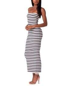 Edikted Knit Back Slitted Maxi Dress Date Outfit Summer, Rib Sweater, Rib Stitch, Dress Knit, Ribbed Sweater Dress, Stripped Dress, Summer Fits, Long Black Dress, White Striped Dress