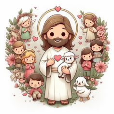 jesus holding a lamb surrounded by little children and flowers in the shape of heart with hearts