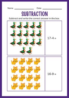 subtraction worksheet with ducks and numbers to make it look like they are in