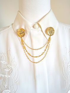 "Beautiful statement Angel Gold collar pins chain, made with repurposed gold tone angel vintage buttons and 24K gold plated chains in 3 contrasting patterns suitable for special occasions.   Chains measure 4.72\", 5.5\" &   6,7\" = 12 cm 14cm 17cm angel buttons are 0.98\" =2,5cm in diameter. Buttons are made of plastic and chains are gold plated brass.  ALL THE JEWELRY in the shop is from NEW OLD STOCK(= comming direct from wharehouse or handmade witg only unused vintage pieces): bit.ly/NewOldSt Hot Villain, Collar Brooch, Victorian Collar, Cardigan Clips, Sweater Pin, Collar Clips, Collar Pin, Sweater Clip, Collar Chain