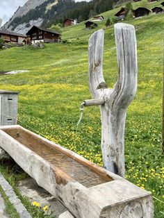 a wooden bench sitting in the middle of a field