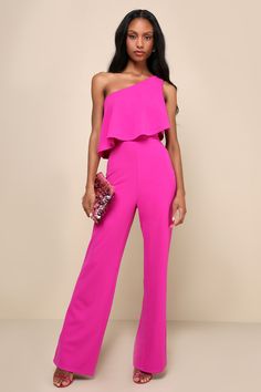 Arrive to the party with an energy no one can resist thanks to the Lulus Flawless Vibes Magenta One-Shoulder Tiered Wide-Leg Jumpsuit! Stretchy, techno crepe knit shapes this flirty jumpsuit that features a one-shoulder neckline and a princess-seamed bodice with a fluttering flounce tier. A high, fitted waist tops relaxed wide pant legs that end at full-length hems. Hidden side zipper/clasp. Fit: This garment fits true to size. Length: Floor length. Size medium measures 60" from shoulder to hem. Hot Pink Jumpsuits, Look Rose, Pink Gel, Lulu Fashion, Power Of Love, Cruise Outfits, Pink Jumpsuit, Knit Jumpsuit, Strapless Jumpsuit