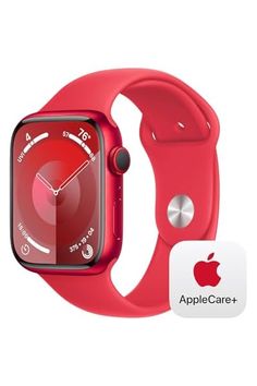 an apple watch with a red band and glass screen protector on the back of it