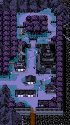 an old - school computer game is shown with purple trees and buildings in the background