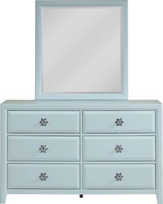 a white dresser with a mirror on top of it and drawers in front of it