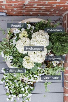 an arrangement of white flowers and greenery in a wooden bowl on a brick wall