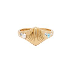 in signet style, this gold-plated ring takes the form of a contemporary shell design. elegant and luxe, she’s encrusted with iridescent faux-pearls and precision cut coloured crystals. pair with our under the sea charm bracelet for a chic, sea-inspired look. Elegant Shell-shaped Gold Rings, Elegant Gold Shell-shaped Rings, Sea Ring, Mini Dress Elegant, Surf Jewelry, Preppy Jewelry, Mazzy Star, Jewelry Aesthetic, Mermaid Jewelry