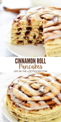 cinnamon roll pancakes with icing on white plates