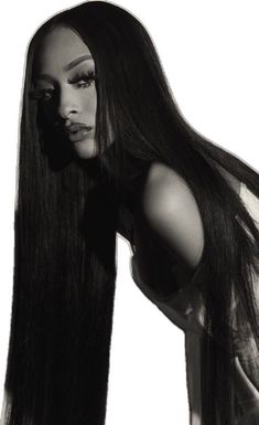 a black and white photo of a woman's long, straight hair in profile