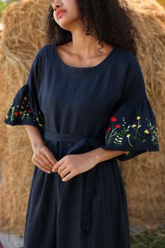 Colors & hand-embroidered patterns can be CUSTOMIZED or DESIGNED entirely to your specifications. It can be ANYTHING!  -------- With exquisite hand-embroidered flowers on sleeves, our linen dress MIRA becomes extremely stunning, the ideal choice for any event. Handmade in our studio to your specific measurements and preferences, with a variety of color possibilities. ✓DETAILS - Unique: Completely hand-embroidered, with dedication, ingenuity and creativity, creating harmony and sophistication, di Luxury Fitted Cotton Embroidered Dress, Cheap Embroidered Hem Dress For Summer, Floor-length Embroidered Dress For Garden Party, Embroidered Floor-length Dress For Garden Party, Floor-length Floral Embroidery Maxi Dress For Garden Party, Floral Embroidered Floor-length Maxi Dress For Garden Party, Summer Wedding Maxi Dress With Resham Embroidery, Fitted Resham Embroidered Maxi Dress For Summer, Summer Floor-length Dresses With Intricate Embroidery