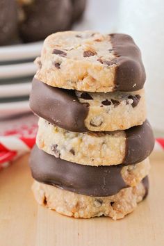 chocolate chip cookies stacked on top of each other