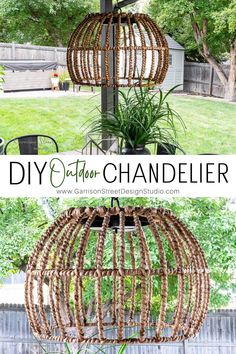 a diy outdoor chandelier made out of wood sticks and some plants hanging from it