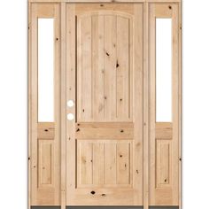 a wooden door with two sidelights on the top and bottom panel, in light wood