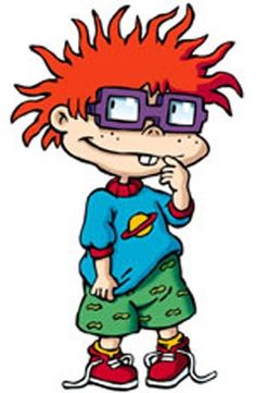 a young boy with red hair and glasses on his face is standing in front of a white background