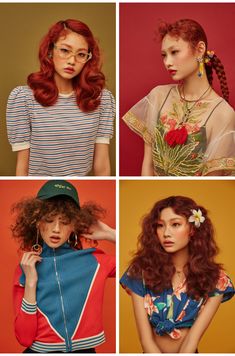 four different images of women with red hair and glasses on their faces, one is wearing a hat