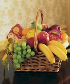 a basket filled with lots of fruit sitting on top of a table