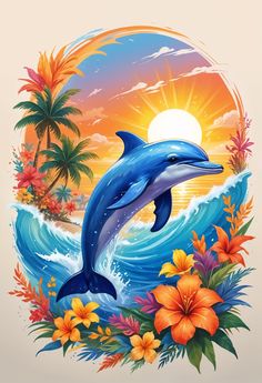 a dolphin jumping out of the water with flowers and palm trees