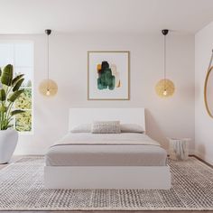 a white bed sitting in a bedroom next to a window and potted plant on top of a rug