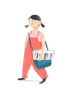 a drawing of a woman carrying some items in her hand and wearing an orange jumpsuit