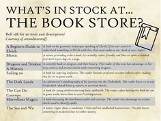 what's in stock at the book store? poster with description for each item