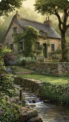 a painting of a house and stream in the woods