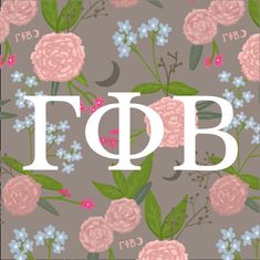 the letter t is surrounded by pink and blue flowers with green leaves on a gray background