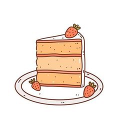 a piece of cake on a plate with strawberries next to it, drawn by hand